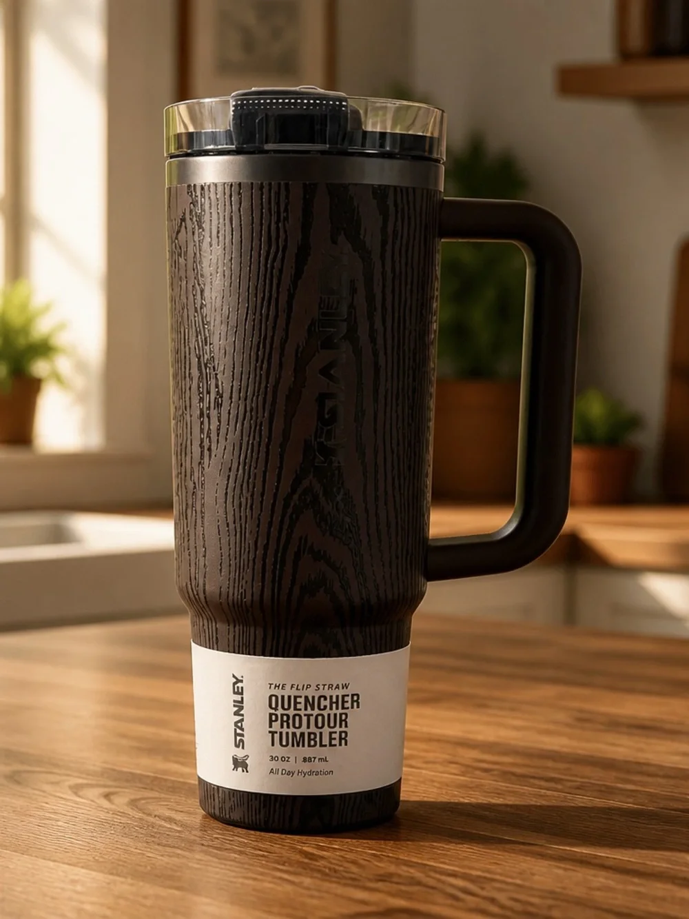 Stanley Dark Brown Wood-Textured Quencher Mug with Handle